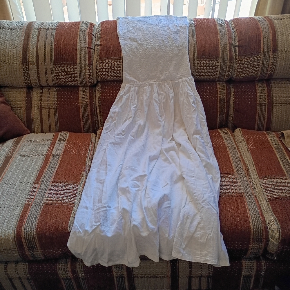 White Strapless Smocked Bodice Maxi Dress